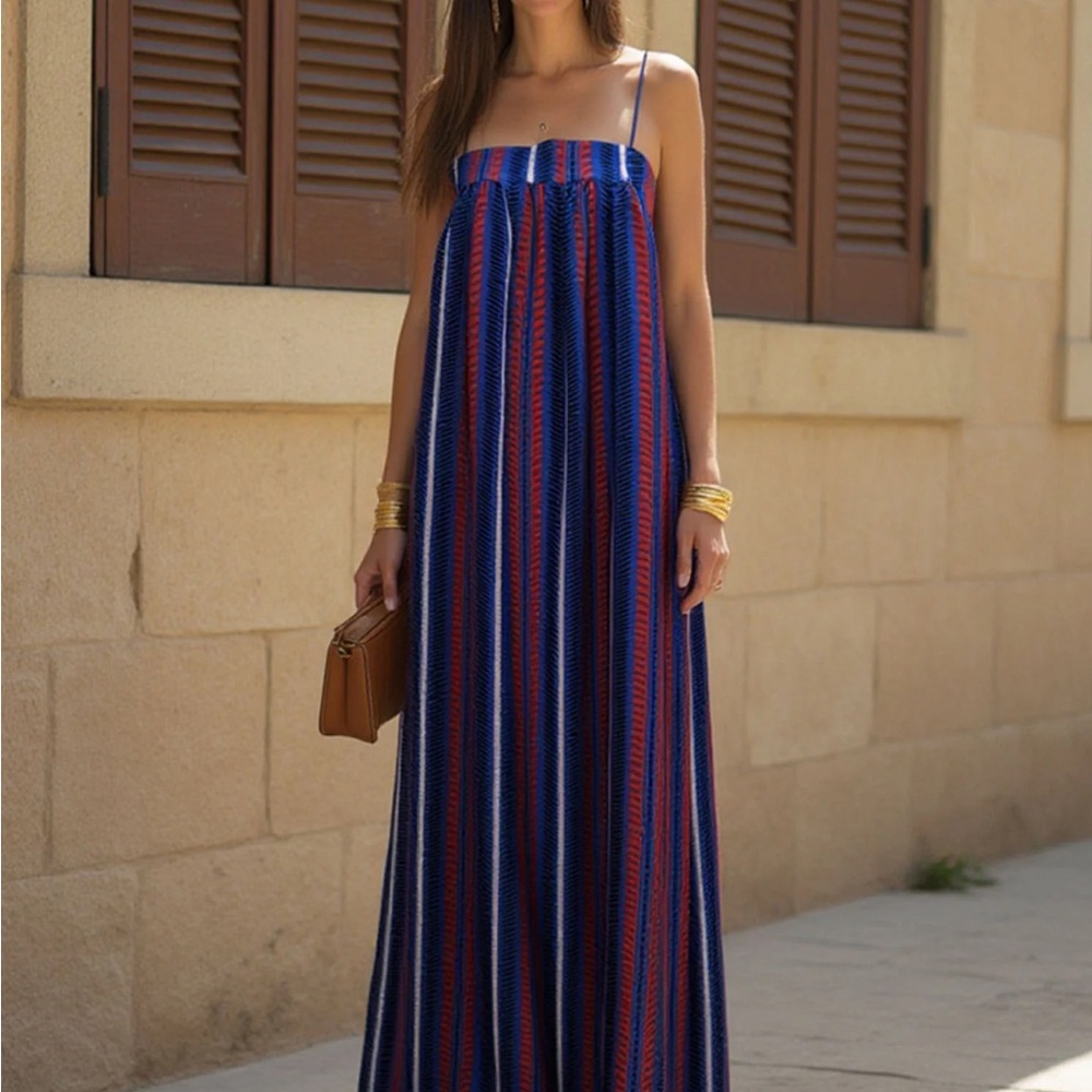 Elegant Blue and Red Striped Maxi Dress